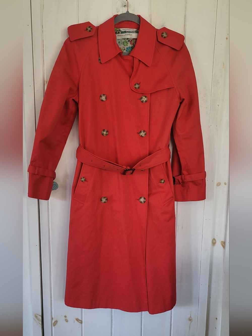 Vintage Perry Ellis Portfolio Floral Lined Cotton Double Breasted Trench Coat